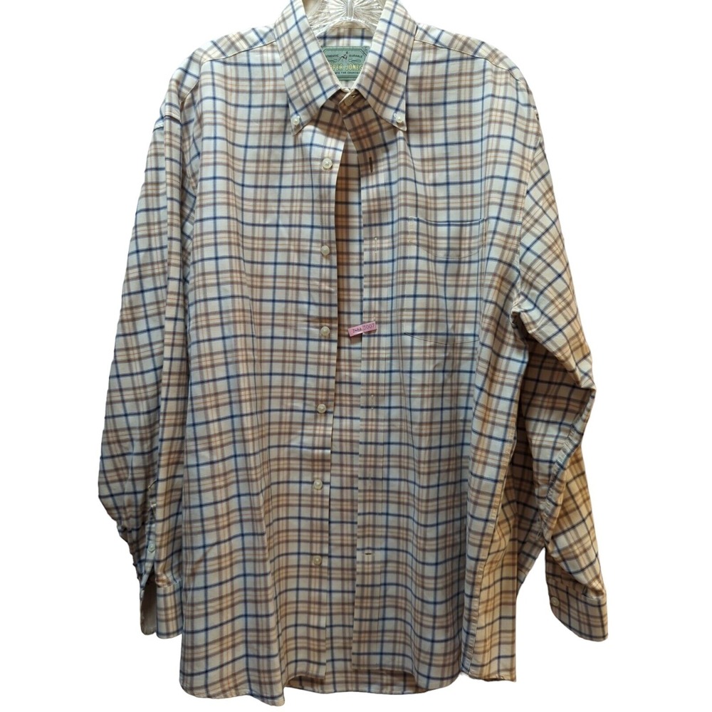 Cooper Jones Men Large beige blue orange plaid button front shirt long sleeve L